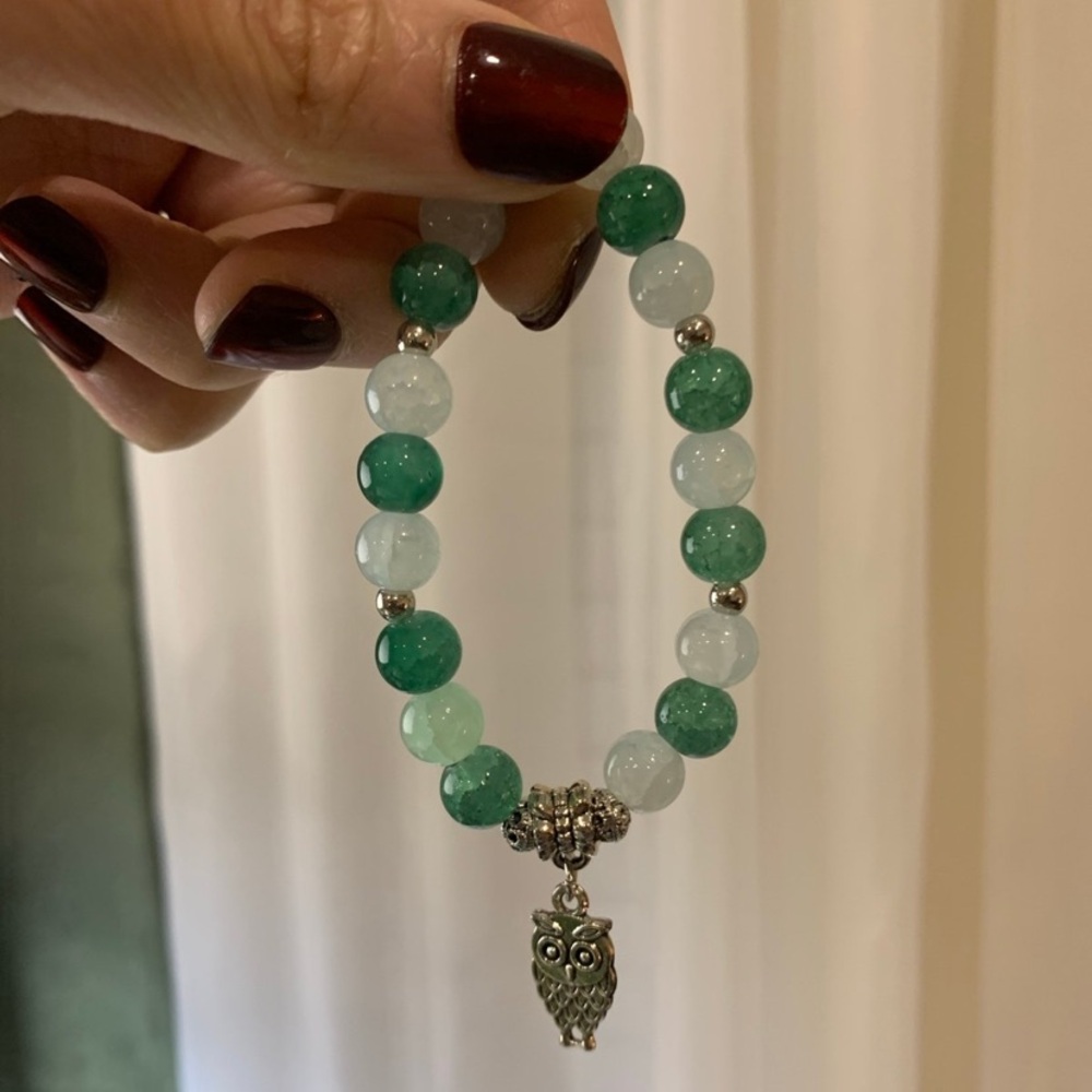 Green Beaded Owl Charm Bracelet
